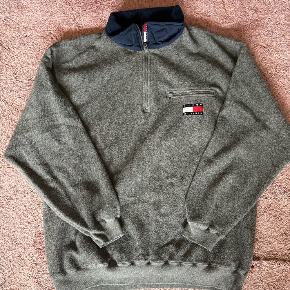 Vintage‎ Tommy Hilfiger Quarter Zip Fleece Pullover Grey Spellout Mens Medium